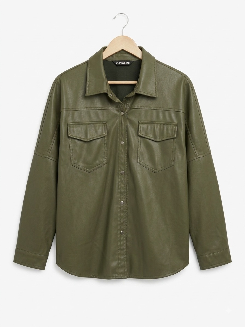 Cavalini Olive Green Leather Shirt Jacket- Unisex, Medium